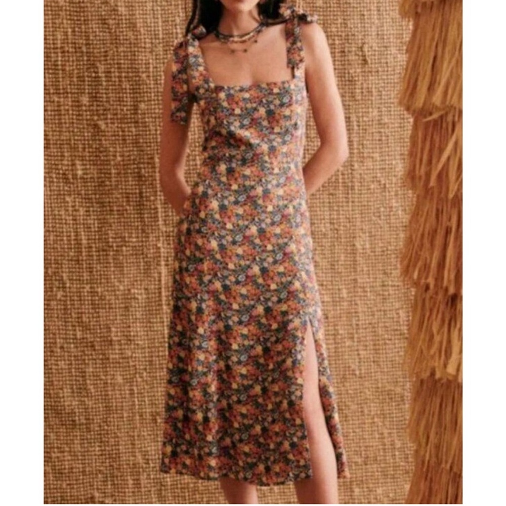 SEZANE Dorotha Dress Sunflowers Floral Tie Shoulder Sundress Midi
